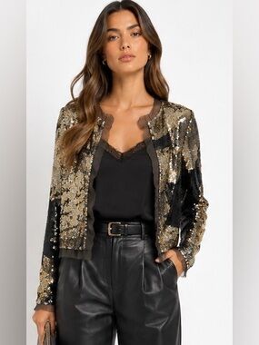 Vintage BCBG Max Azria Runway Collection Gold Black Sequin Open Front Jacket